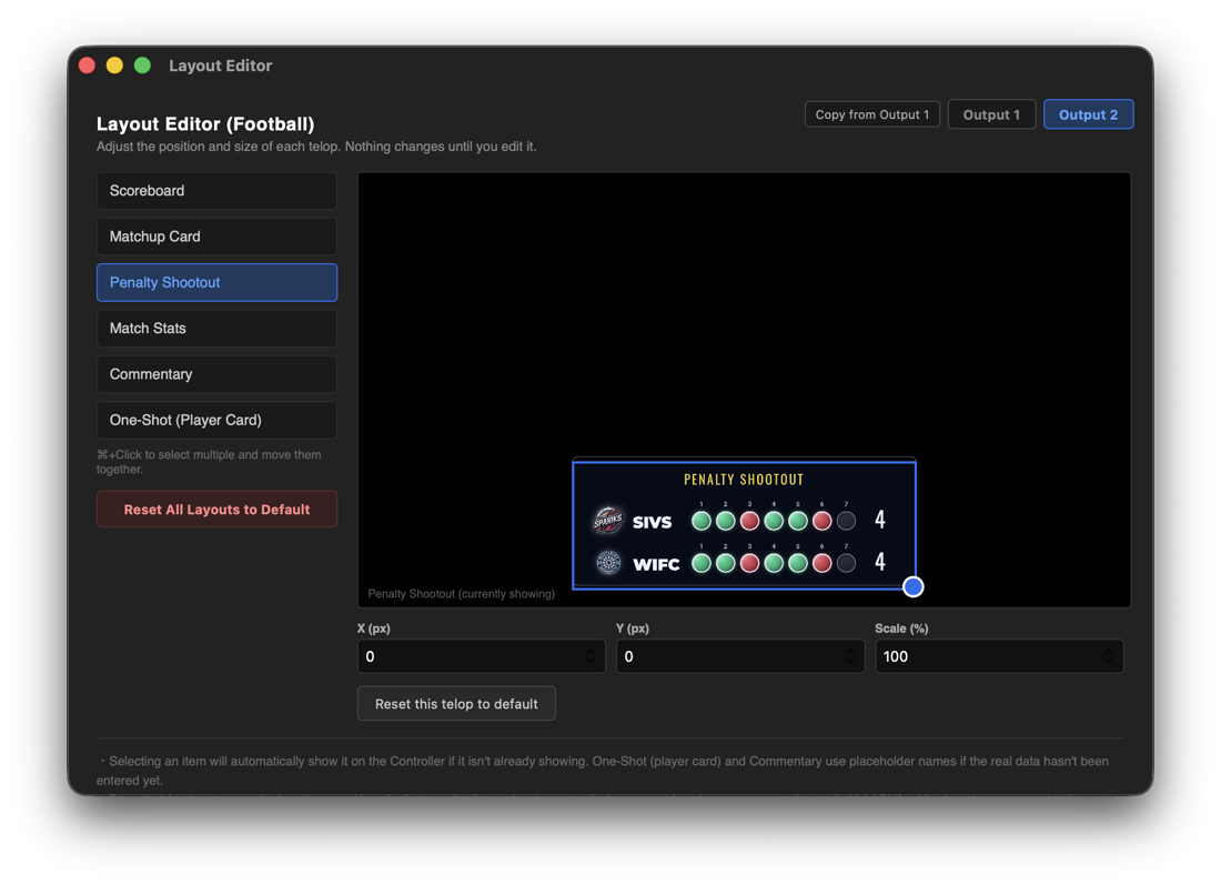 Layout Editor with Output 2 selected (Copy from Output 1 at the top right)